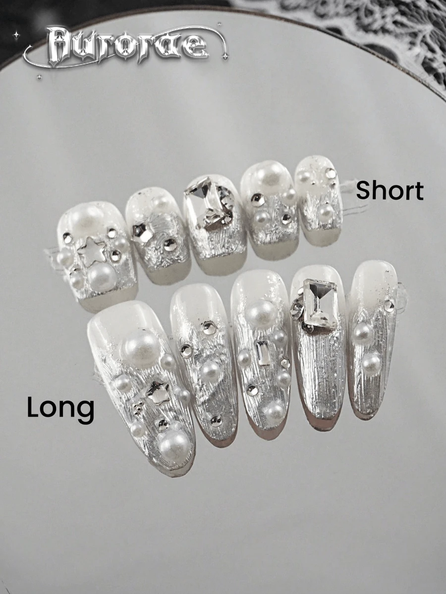 10 件装金属银色短杏仁形水钻装饰指甲贴纸，手工制作，适合日常、派对和聚会 - 彩色 - 查看 1