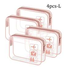 4 件套黑色时尚简约男女洗漱包，夸脱大小的防水透明化妆包，适合旅行，男女通用，可携带上飞机和赠送，节日必备品，女士夏季沙滩包，旅行必备返校用品