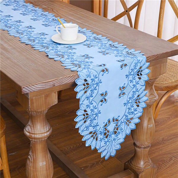 1pc, Polyester Embroidered Table Runner, Hand-Hollowing Technology, Modern Simple Style, Elegant Blue Flowers, Very Suitable For Living Room Decoration, Suitable For Weddings And Birthday Parties, Picnic Parties, Restaurant Layout.