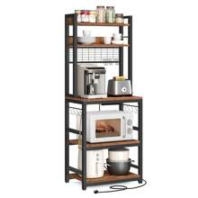 VASAGLE Kitchen Storage Rack With Power Outlet, Coffee Bar, Baker's Rack, With Metal Wire Panel, 14 Hooks, For Microwave, Steel Frame, 40 X 60 X 170 Cm, Rustic Brown And Ink Black
