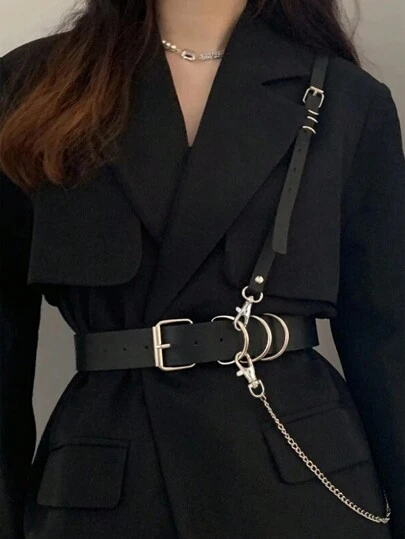 Fashion Black Faux Leather Harness Waist Body Belt Punk Chest Belt With Chains Outfit Accessoreis