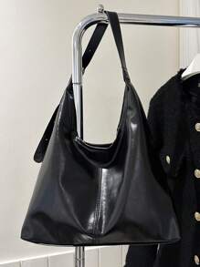 复古纯色 PU 皮革女士单肩包，休闲大容量户外旅行度假斜挎包，便携百搭商务通勤月牙包，适合日常工作使用，轻便新款街头购物腋下包 - 黑色 - 查看 4