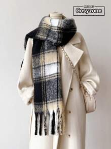 1 chiếc khăn choàng bằng vải lông dê tua rua thời trang tối giản họa tiết kẻ caro ấm áp đa năng dành cho nữ, thích hợp làm áo khoác ngoài mùa thu đông, phụ kiện hàng ngày - màu đen - Xem 1