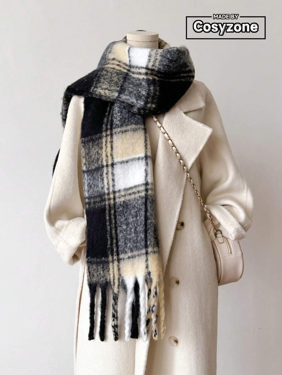 1 chiếc khăn choàng bằng vải lông dê tua rua thời trang tối giản họa tiết kẻ caro ấm áp đa năng dành cho nữ, thích hợp làm áo khoác ngoài mùa thu đông, phụ kiện hàng ngày - màu đen - Xem 1