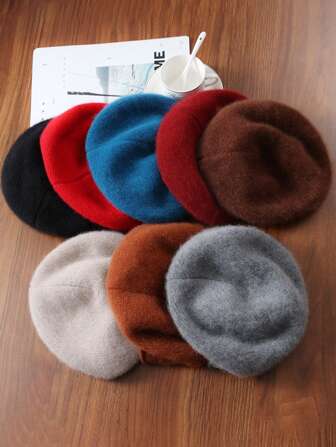 1 件女士 100% 羊毛厚贝雷帽，温暖时尚针织帽，适合秋冬季