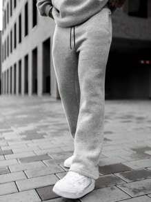 男士休闲直筒抽绳腰裤，纯亚麻灰色，宽松运动裤配白色腰带，时尚街头风格，适合所有季节，侧口袋