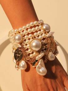 1pc Bohemian Style Multi-Layer Pearl Charm Bracelet, Suitable For Women's Evening Party, Date And Daily Wear - A Multi-layered Statement Pearl Bracelet - View 13