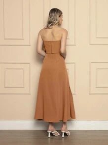 QUEENTASTE FASHION SETS BOW BLOUSE WITH MIDI SKIRT - Màu nâu  Mocha - Xem 2