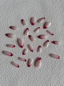Enhance Your Style With 24 Pieces Of Long Almond Red Rhinestone French Fake Nails, 1 Nail File, And 1 Nail Tape Nail Pressing Product