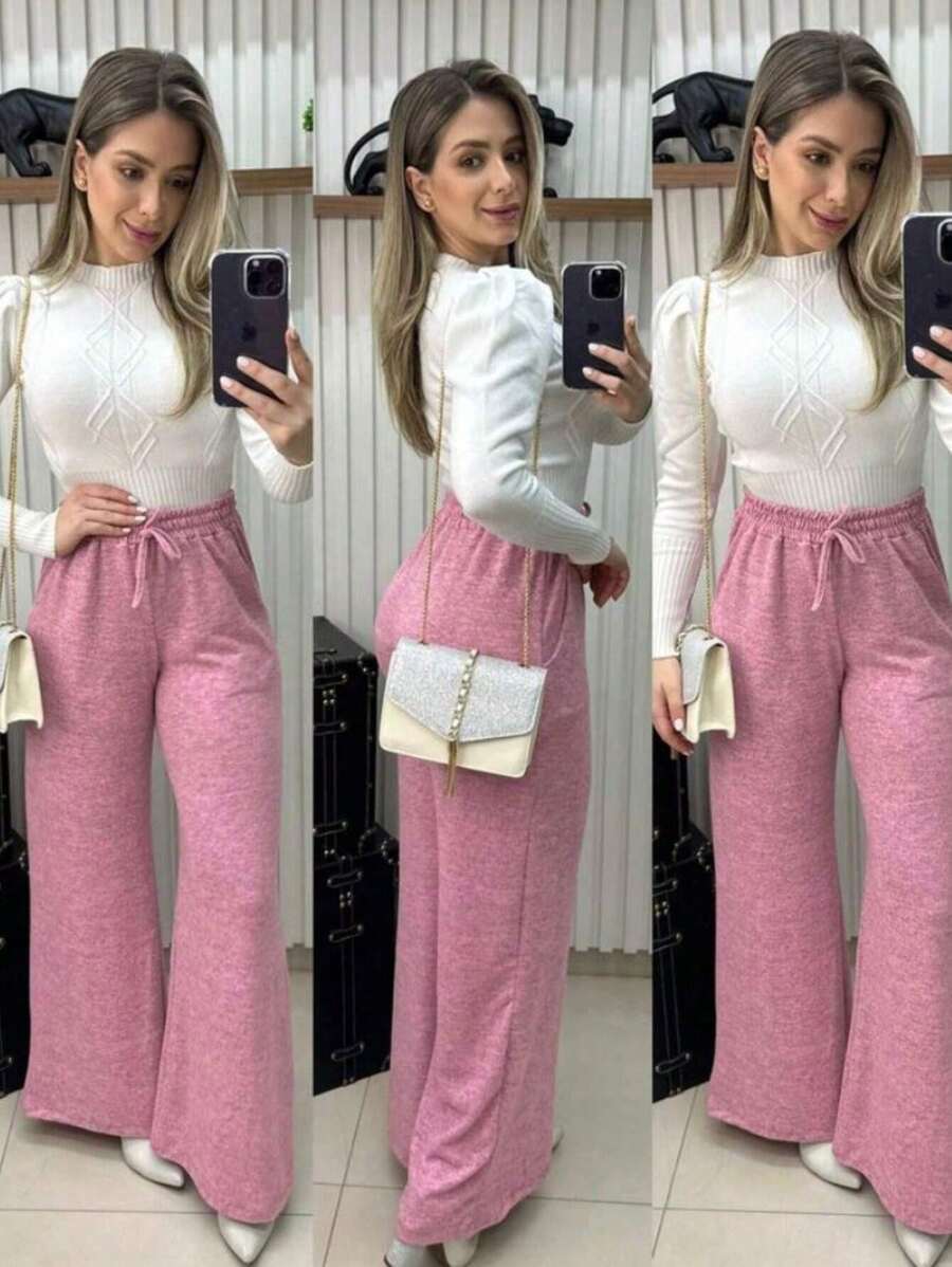 Women's High Waisted Lace-Up Palazzo Pants With Pockets In Winter - 乾枯玫瑰色 - 查看 1