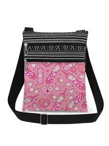 Túi đeo chéo in hình vật tư y tế hoạt hình dễ thương, Túi đeo vai Unisex có thể tái sử dụng kèm ống tiêm, thuốc viên, họa tiết trái tim, Túi tote di động làm quà tặng cho nhân viên y tế - Hồng - Xem 2