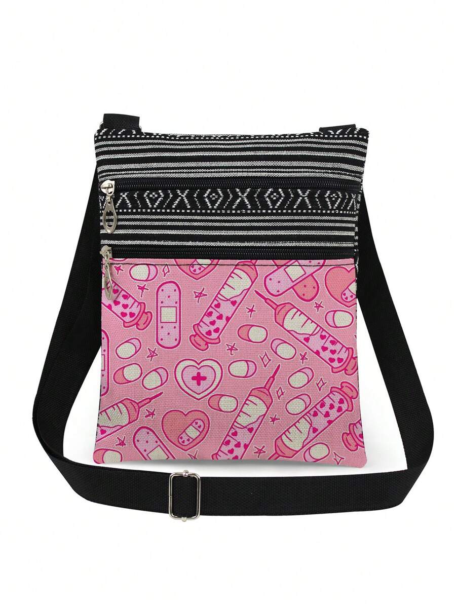 Túi đeo chéo in hình vật tư y tế hoạt hình dễ thương, Túi đeo vai Unisex có thể tái sử dụng kèm ống tiêm, thuốc viên, họa tiết trái tim, Túi tote di động làm quà tặng cho nhân viên y tế