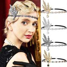 1/3 件 20 世纪 20 年代盖茨比风格头饰,珍珠和流苏金属叶发带,万圣节化妆舞会配饰 - 彩色 - 查看 2