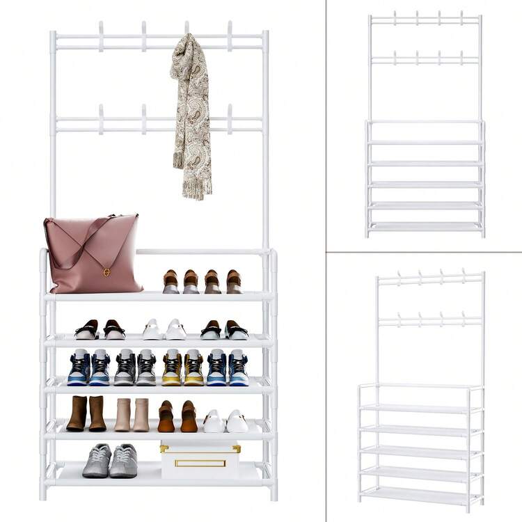 5-Tier Entryway Coat Rack, Coat And Shoe Rack, Entryway Bench Storage Organizer With 8 Hooks For Bedroom, Hallway, Office, White - 黑色 - 查看 2