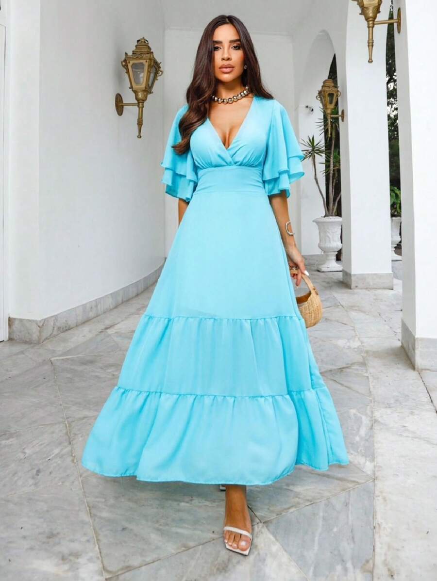 ANTONELLA LONG DRESS IN CHIFFON FABRIC WITH NECKLINE - 藍色 - 查看 1