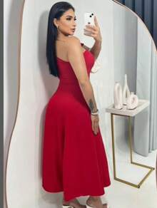 Women's Lace Dress With Zero Sleeves - Đỏ - Xem 2