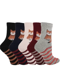 5 双装女士冬季厚款保暖可爱狐狸拼接纯色卡通动物图案时尚休闲过膝袜 - 彩色 - 查看 2