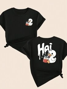 Cotton T-Shirt Cartoon Style Cute Animals Breathable Premium Elegant Summer Women's T-Shirt - màu đen - Xem 1