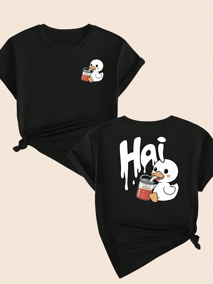 Cotton T-Shirt Cartoon Style Cute Animals Breathable Premium Elegant Summer Women's T-Shirt - màu đen - Xem 1