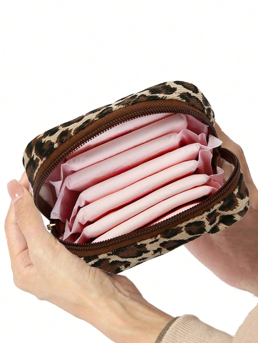 极简豹纹多功能收纳袋，多功能卫生巾收纳袋，小方袋，日式甜美灯芯绒方形化妆包，旅行文具化妆包，旅行必备小包，假日必备化妆包，假日返校化妆包，美妆返校化妆包，化妆包，化妆品收纳袋，化妆品整理袋，化妆品收纳袋 - 彩色 - 查看 1
