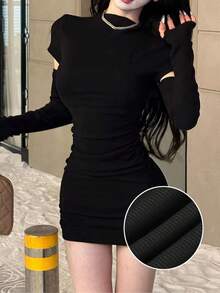 性感修身针织迷你连衣裙，袖子可拆卸，适合秋冬季女士穿着，黑色，春季款 - 黑色 - 查看 2