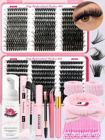 Kit de extensión de pestañas esponjosas con 590 piezas de grupos de pestañas individuales de 9-18 mm, rizado de 30D a 100D, con pegamento, sellador y removedor de pestañas, y pinzas para uso propio