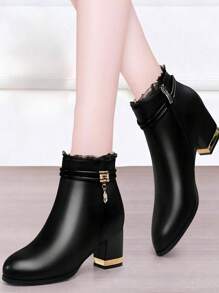 Nuevas botas cortas de puntera redonda para mujer, Otoño/Invierno 2025, Tacón grueso y tacón medio, Suela blanda de gamuza con strass, Botas delgadas versátiles - Negro - Ver 4