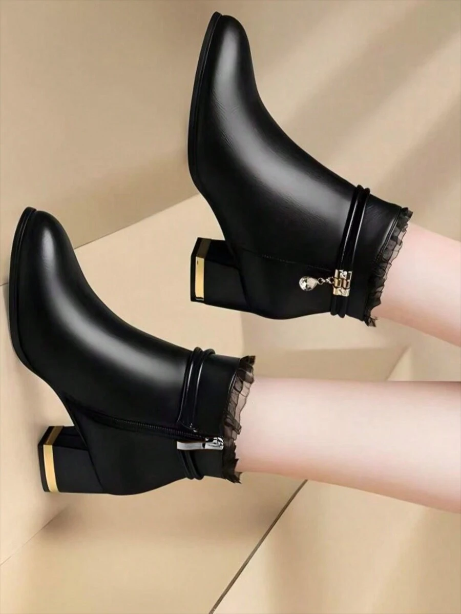 Nuevas botas cortas de puntera redonda para mujer, Otoño/Invierno 2025, Tacón grueso y tacón medio, Suela blanda de gamuza con strass, Botas delgadas versátiles - Negro - Ver 1