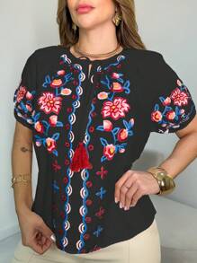 Cotton Embroidered Blouse / With Sleeves / Zip On The Arm / S2082 - 黑色 - 查看 1