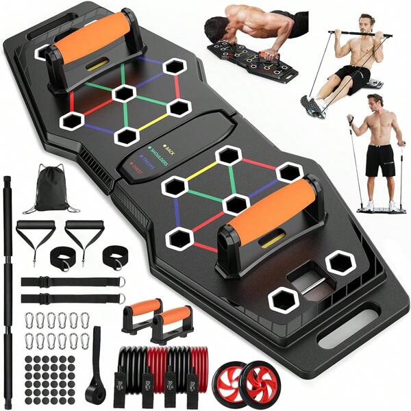 GINOST Foldable Push Up Board, 25-In-1 Multifunction Workout Equipment For Home Gym, Color-Coded Positions For Chest, Shoulders, Triceps & Back, Portable Fitness System With Resistance Bands, AB Roller, And Pilates Bar For Full Upper Body Strength Training
