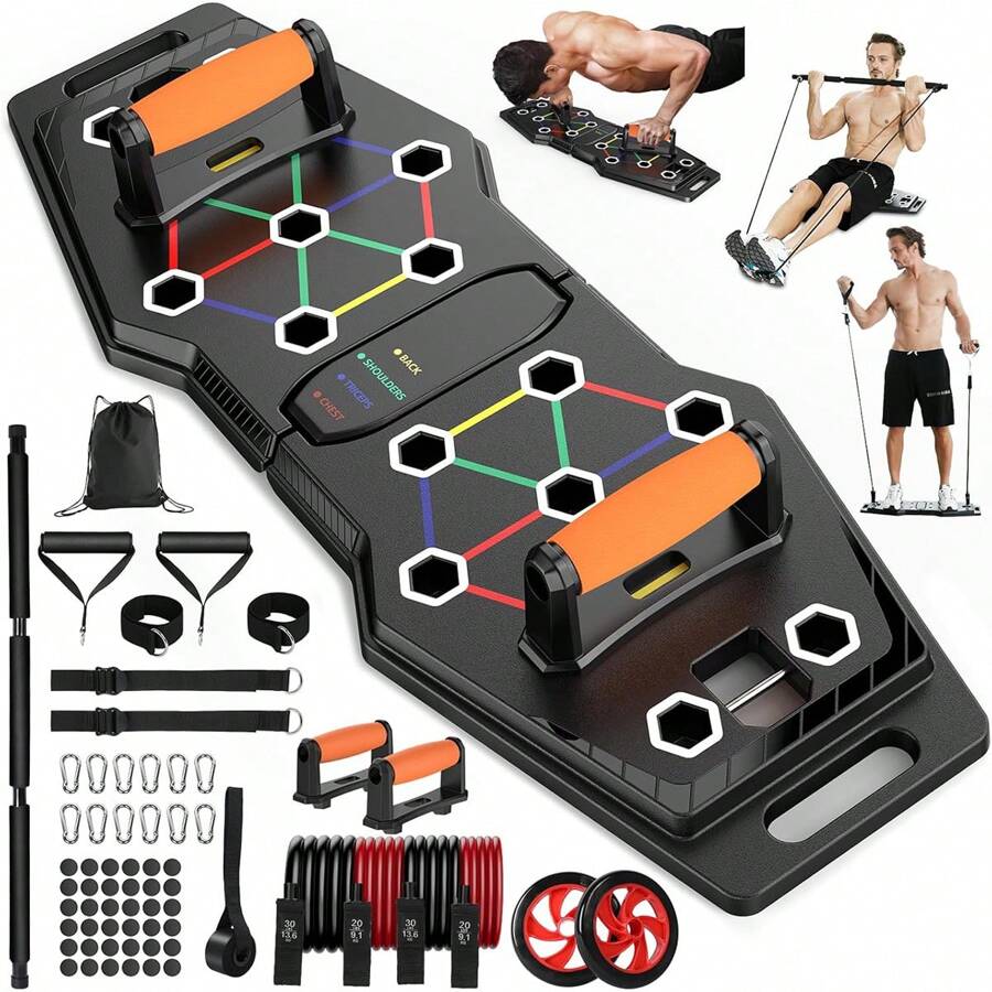 GINOST Foldable Push Up Board, 25-In-1 Multifunction Workout Equipment For Home Gym, Color-Coded Positions For Chest, Shoulders, Triceps & Back, Portable Fitness System With Resistance Bands, AB Roller, And Pilates Bar For Full Upper Body Strength Training - 黑色 - 查看 1