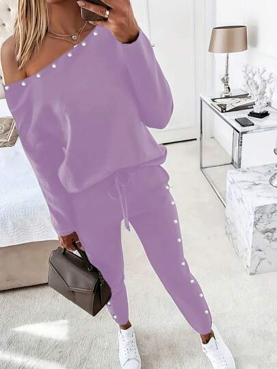 Conjunto de 2 peças de blusa e calça de manga comprida casual minimalista de cor sólida para mulheres