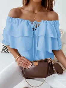 Blusa con hombros descubiertos y volantes, estilo hawaiano bohemio para vacaciones en la playa, unicolor para conciertos en el campo - Azul - Ver 11