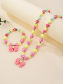 Kids Heart & Bow Beaded Necklace & Bracelet Set For Girls