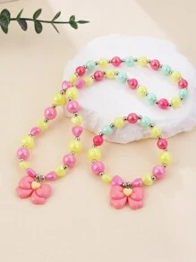 Kids Heart & Bow Beaded Necklace & Bracelet Set For Girls