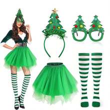 4件套圣诞条纹服装套装，蛋糕裙，角色扮演圣诞树，圣诞精灵，节日派对服装，拍照道具 - 綠色 - 查看 11