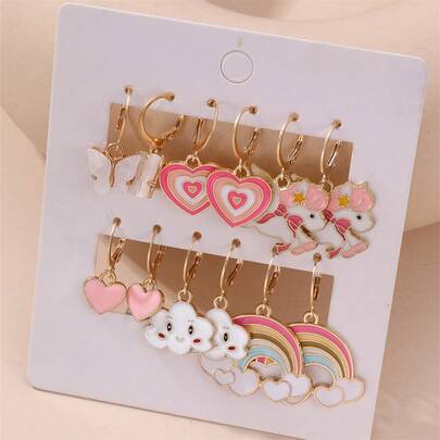 Bộ 12 bông tai hình trái tim, bướm, mây, ngựa con dành cho bé gái, kiểu dáng ngẫu nhiên.