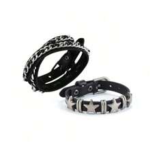 2025 嘻哈朋克星链哥特式手镯摇滚袖口手链链条黑色铆钉仿皮手链男女饰品 - 黑色 - 查看 7