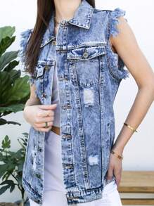 Womens Oversized Distressed Denim Vest Sleeveless Jean Jacket With Pockets