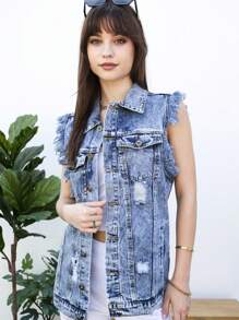 Womens Oversized Distressed Denim Vest Sleeveless Jean Jacket With Pockets
