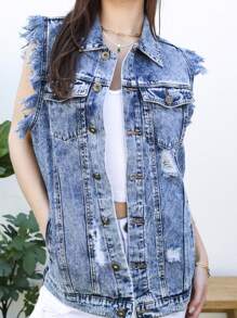 Womens Oversized Distressed Denim Vest Sleeveless Jean Jacket With Pockets