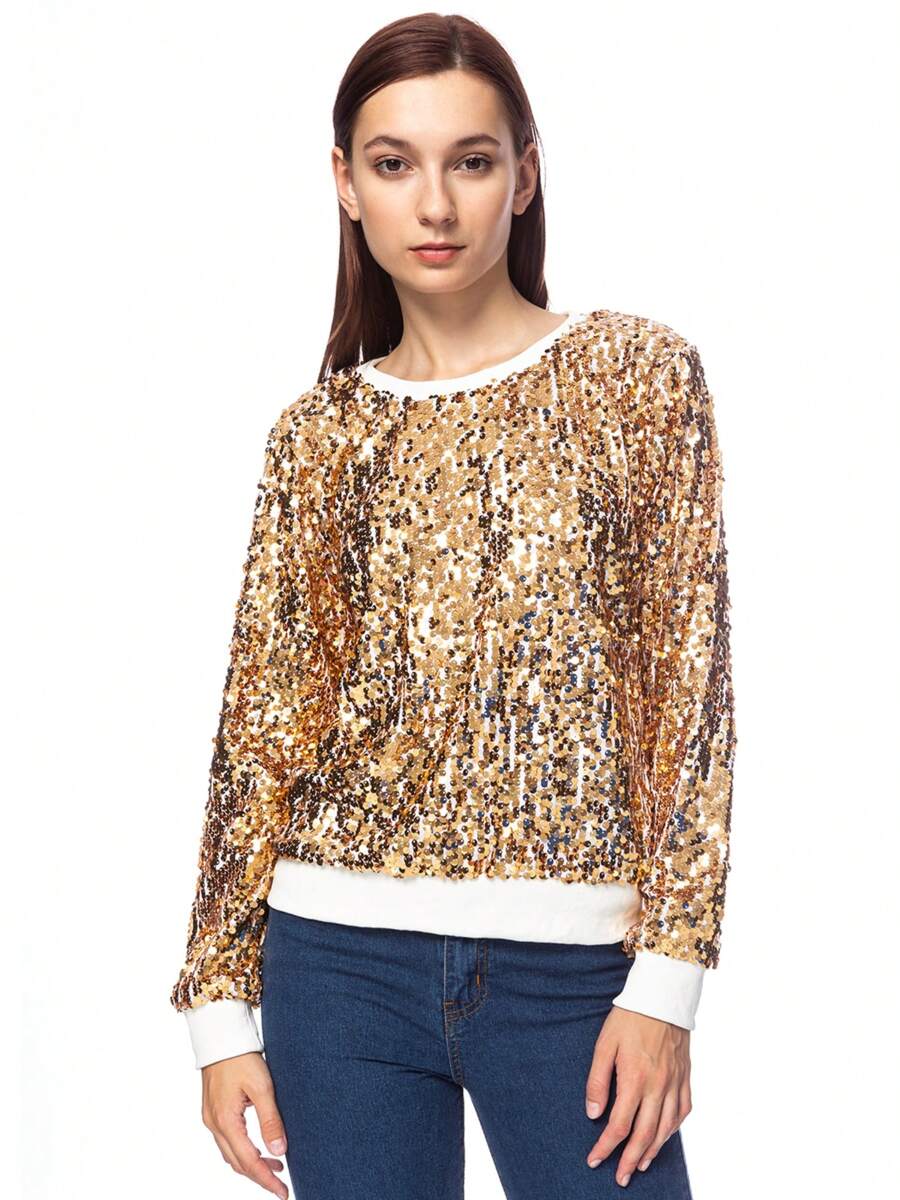 Women's Glitter Sequin Sweatshirt Long Sleeve Pullover Tops With Ribbed Cuffs - Gold - View 1