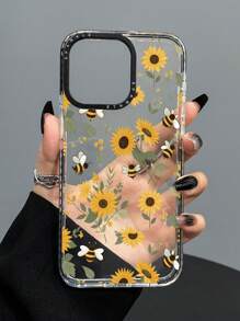 Summer 1pc Fashionable Dual-Color Transparent Sunflower & Bee Print Anti-Drop Phone Case, Compatible With IPhone11 12 13 14 11Promax 12Promax 13Promax 14Promax XR 15 15PRO 15PROMAX 16 16PRO 16PROMAX Waterproof Shockproof Scratch Resistant