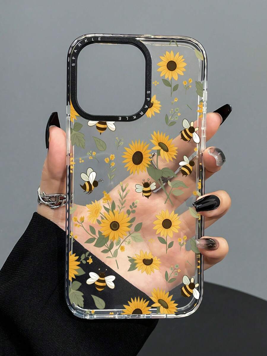 Summer 1pc Fashionable Dual-Color Transparent Sunflower & Bee Print Anti-Drop Phone Case, Compatible With IPhone11 12 13 14 11Promax 12Promax 13Promax 14Promax XR 15 15PRO 15PROMAX 16 16PRO 16PROMAX Waterproof Shockproof Scratch Resistant