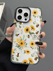 Summer 1pc Fashionable Dual-Color Transparent Sunflower & Bee Print Anti-Drop Phone Case, Compatible With IPhone11 12 13 14 11Promax 12Promax 13Promax 14Promax XR 15 15PRO 15PROMAX 16 16PRO 16PROMAX Waterproof Shockproof Scratch Resistant