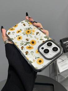 Summer 1pc Fashionable Dual-Color Transparent Sunflower & Bee Print Anti-Drop Phone Case, Compatible With IPhone11 12 13 14 11Promax 12Promax 13Promax 14Promax XR 15 15PRO 15PROMAX 16 16PRO 16PROMAX Waterproof Shockproof Scratch Resistant