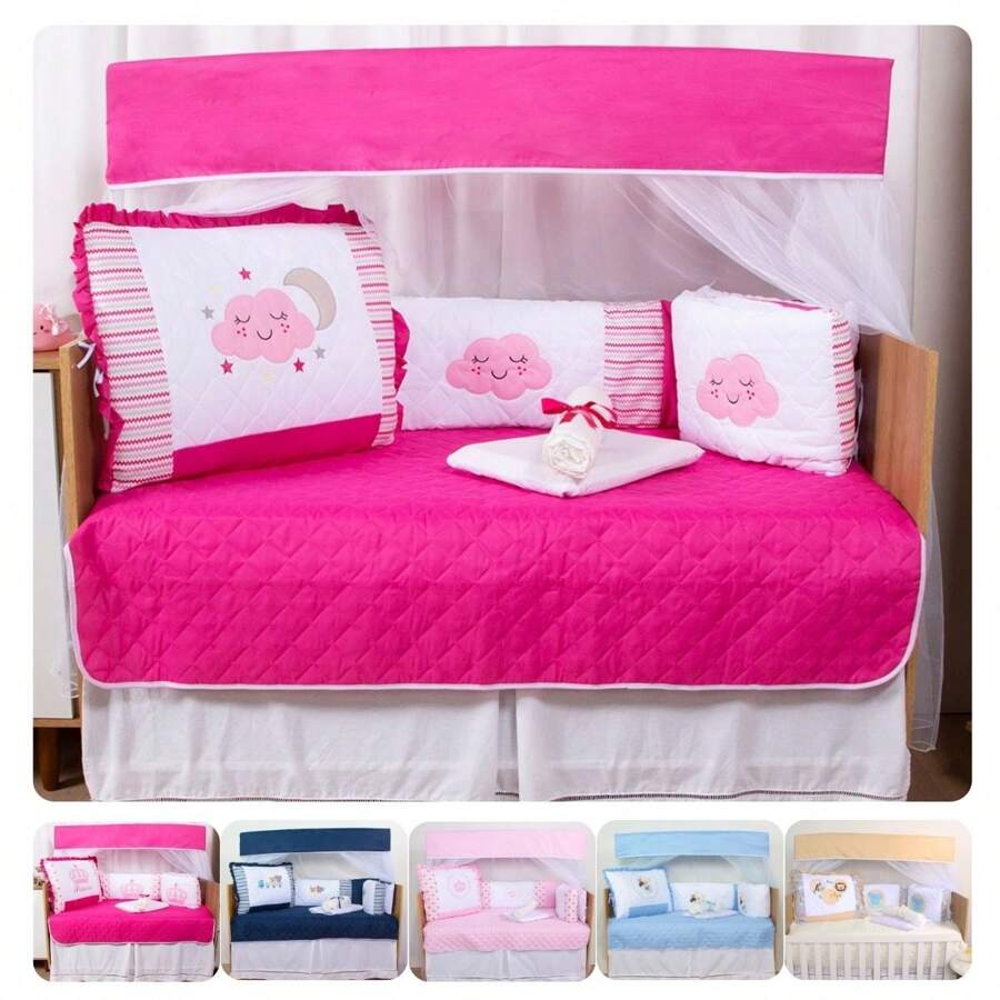 10 Piece American Crib Kit With Embroidered Side Protector For Boys And Girls - Pink Cloud - View 1