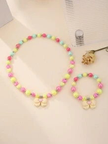 Kids Heart & Bow Beaded Necklace & Bracelet Set For Girls