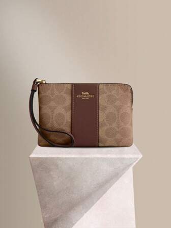 Coach Portemonnees met hoekritssluiting voor dames, avondtasje met polsbandje, kleine clutch, leren handtas met polsbandje van signature canvas, cadeaus