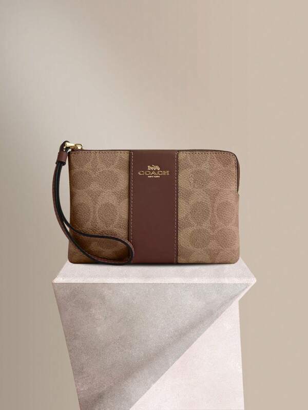 Coach Corner Zip Wristlet Purse Wallets For Women, Evening Wristlet Pouch Clutch Bag Small Clutch Purse Leather Handbag With Wrist Strap In Signature Canvas,Gifts